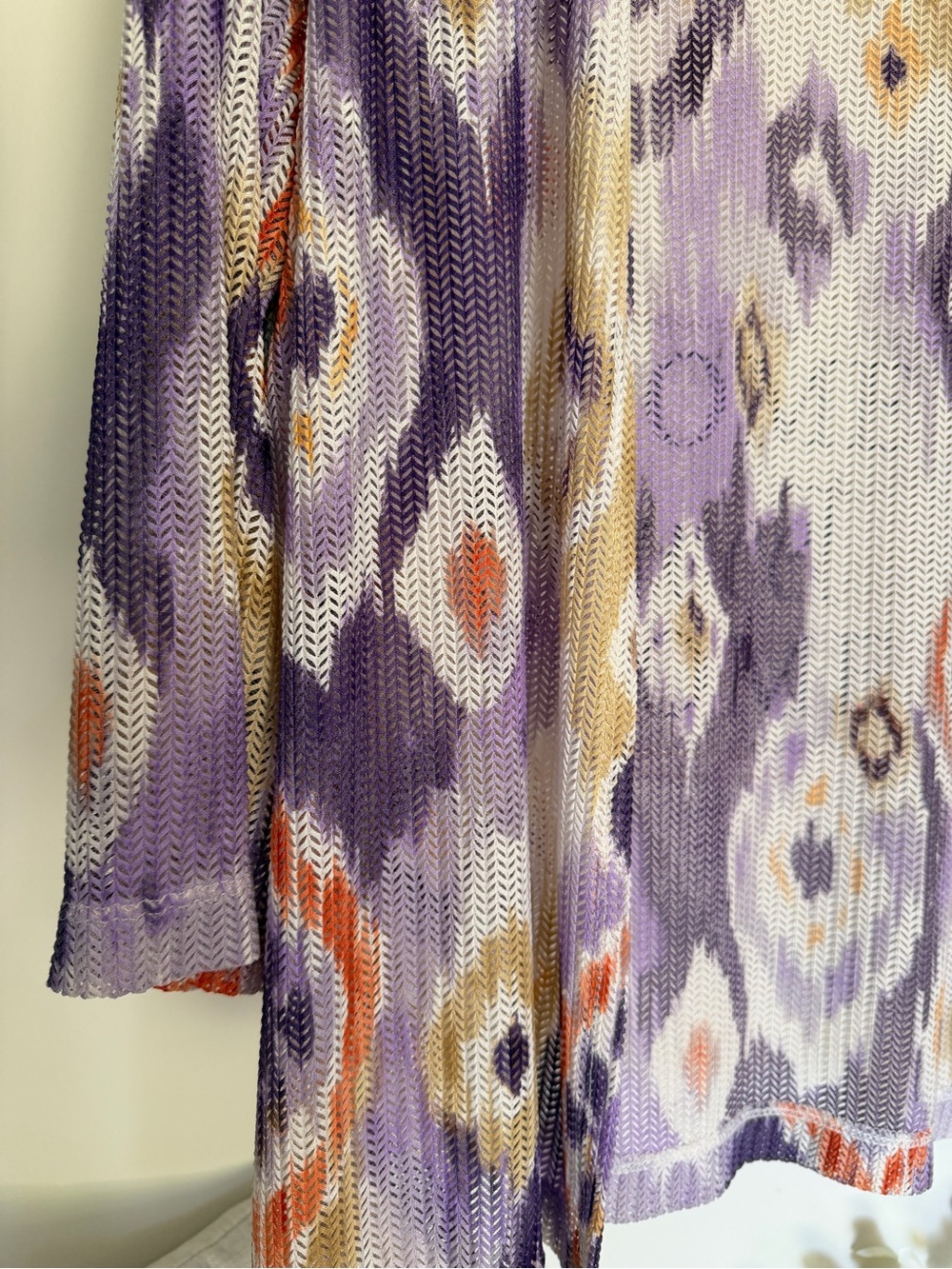 Alfred Dunner Purple and Cream Ikat Open-Front Knit Tunic - Picture 7 of 8